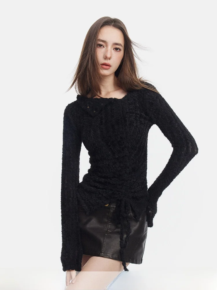 

SEGI женский вязаный свитер Bla с имитацией кроличьего меха, асимметричный воротник, облегающий крой, внутренняя одежда для поездок на работу