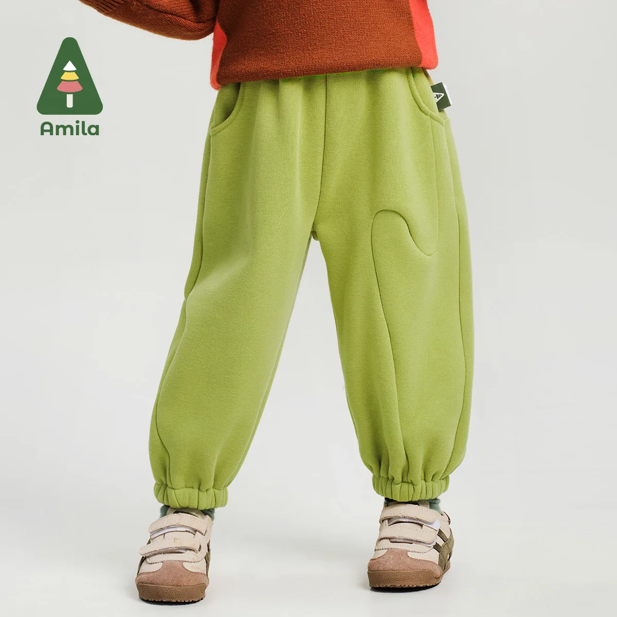 Amila Baby Trousers 2024 Winter New High Quality Girls Solid Color Plus Velvet Warm Skin-Friendly And Casual Children‘s Pants