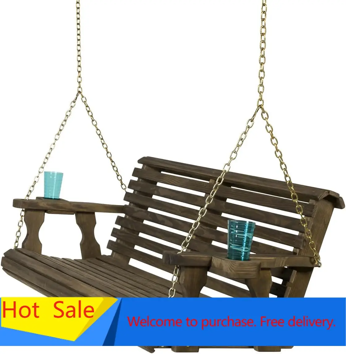 

Hot sales4 Foot Roll Back Porch Swing with Cup Holders in Dark Walnut Stain - Amish Made in The USA from Treated Pine Heavy Duty
