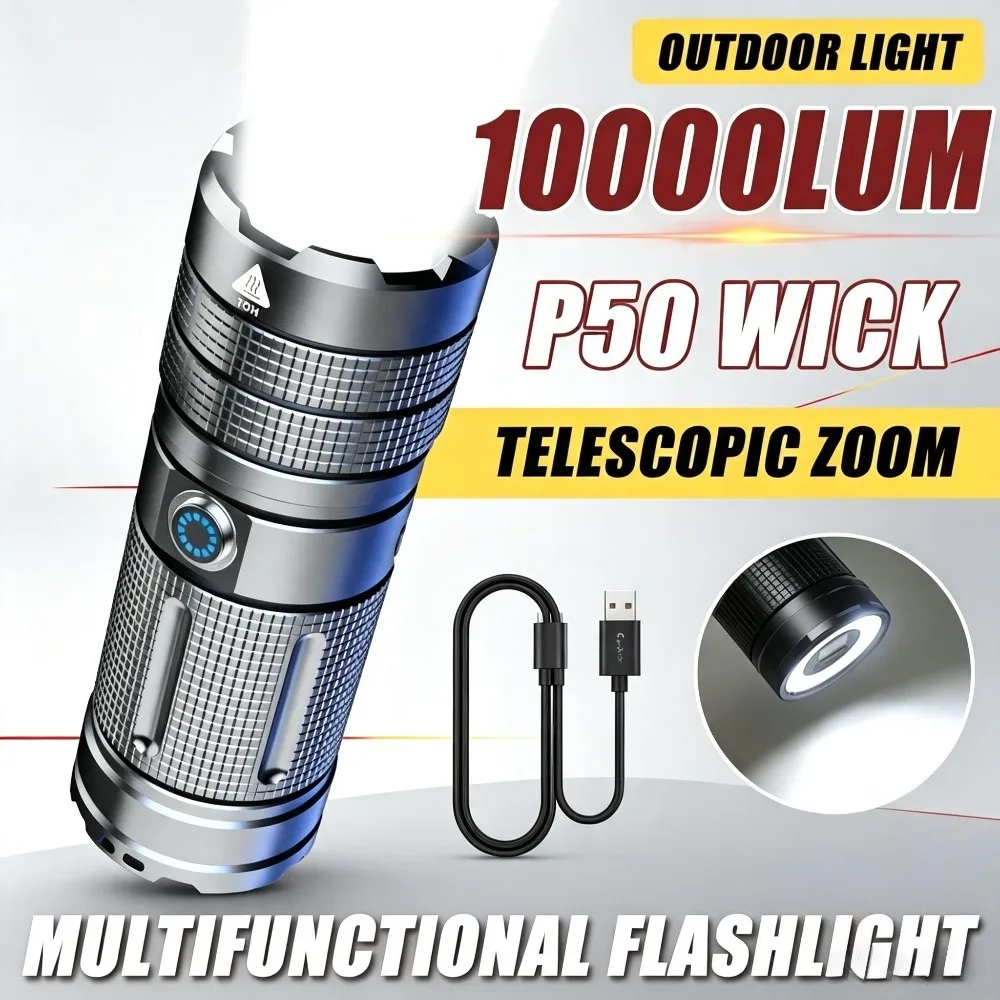 Super Bright High Power Flashlight Portable Long Distance Waterproof Type-C Charging Torch for Outdoor Camping Hiking Patrol