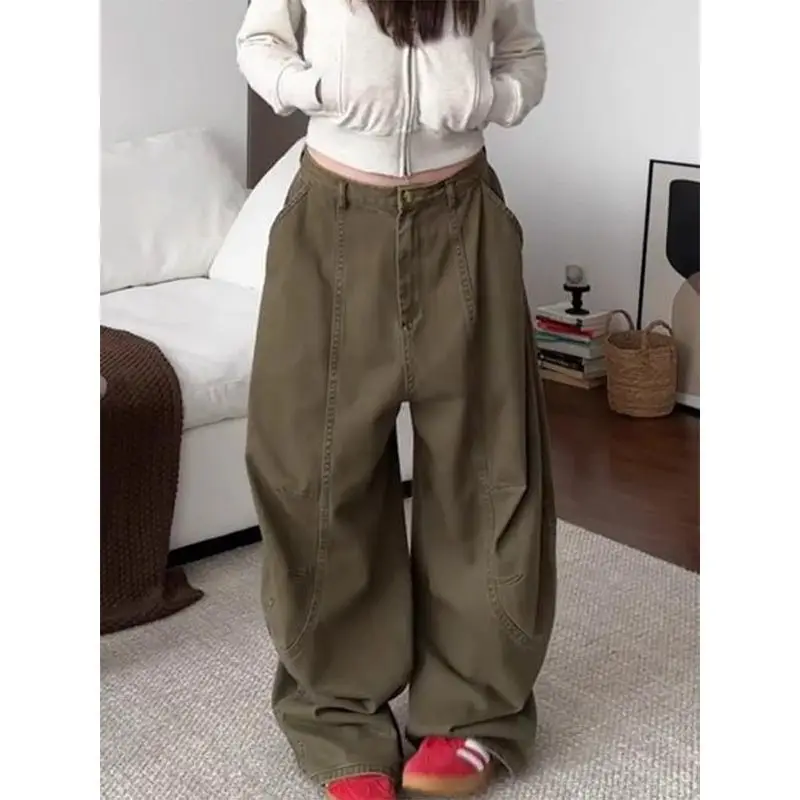 

2025 женские винтажные американские потертые джинсы, мешковатые широкие джинсы, деконструированный изогнутый подол, уличная одежда High Street