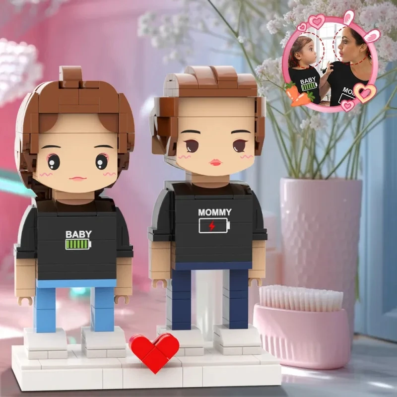 

Mother's Day Gift Matching Shirt Battery Low Personalized Head 2 People Custom Brick Figures For Mommy Building Blocks Character