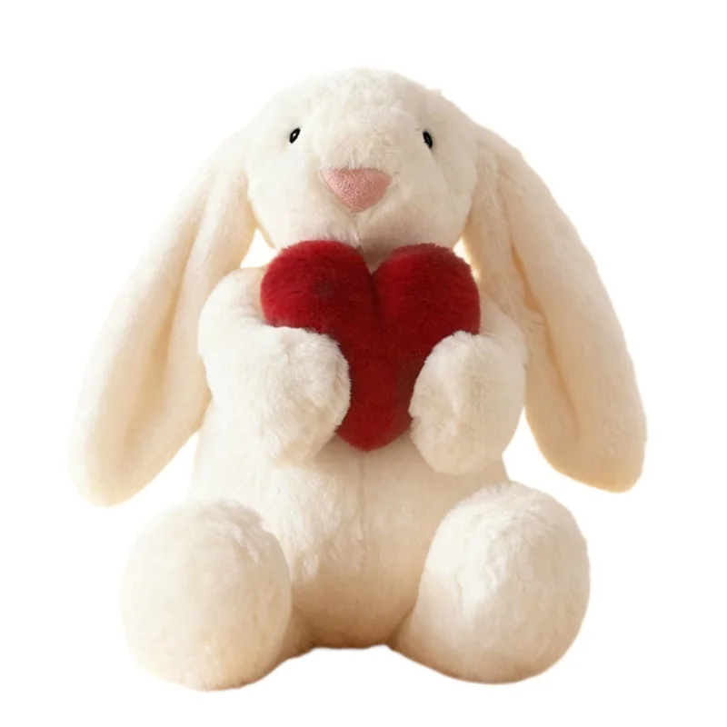 Simpatico coniglietto in peluche con orecchie floscio che tiene il cuore, animale di peluche, Pasqua, San Valentino, regalo di compleanno per bambini e donne
