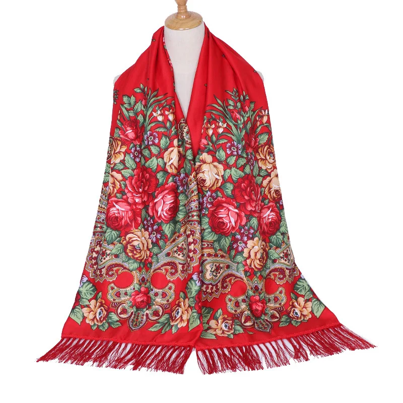 Luxury Brand Scarf Women Flower Shawl Autumn and Winter Foulard Warmth Vintage Tassel Hijab Warp Printed Headscarf Bandana