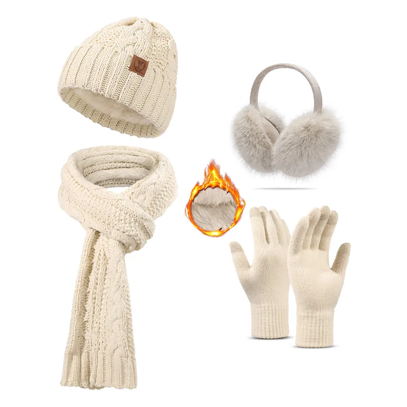 Hat, scarf, gloves and socks four-piece set with velvet and thickening for adults winter warm knitted hat set
