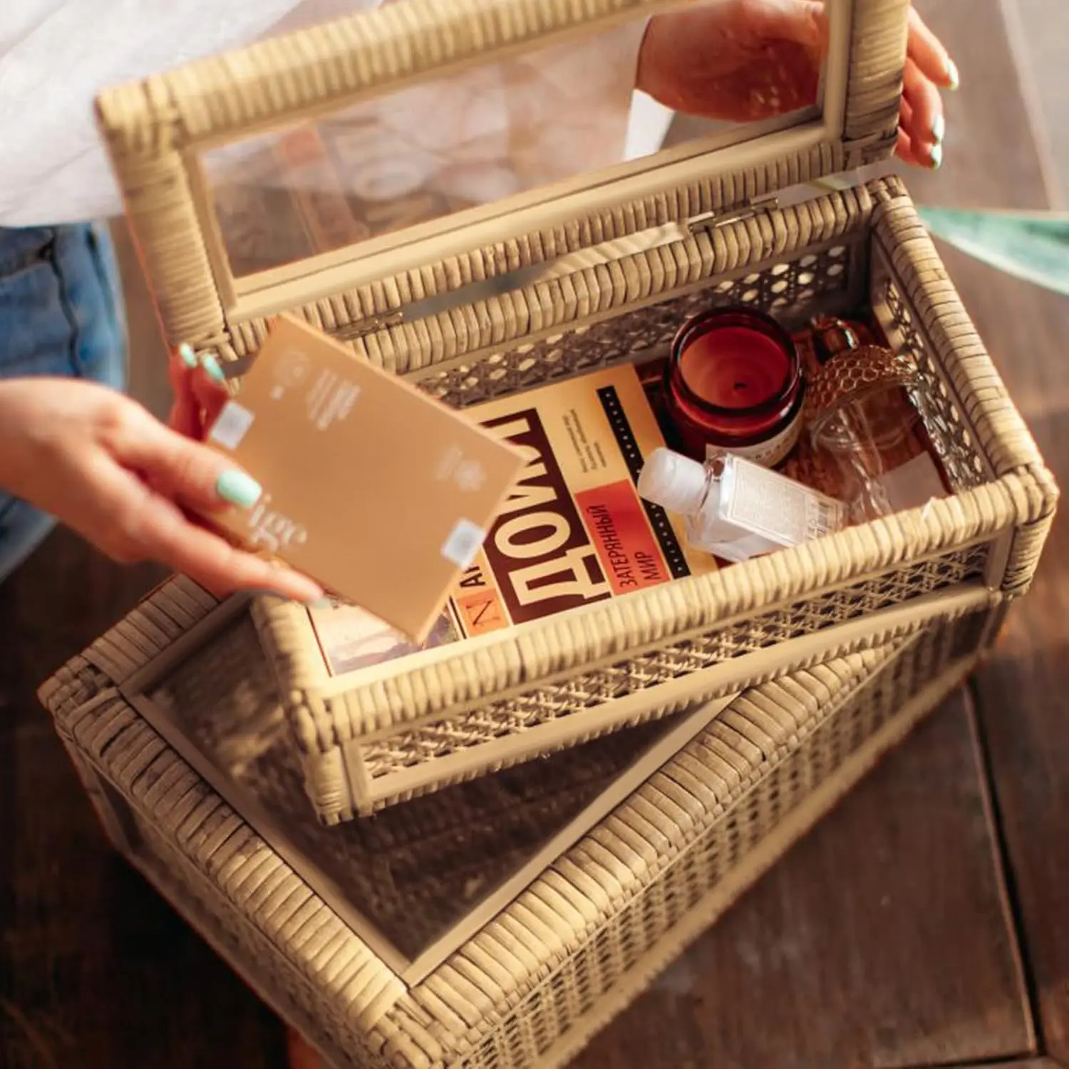 

Handwoven Boho Rattan Display Boxes With Glass Lids - Set Of 2 Rectangular Decorative Storage Bins - Natural Woven Cane Home