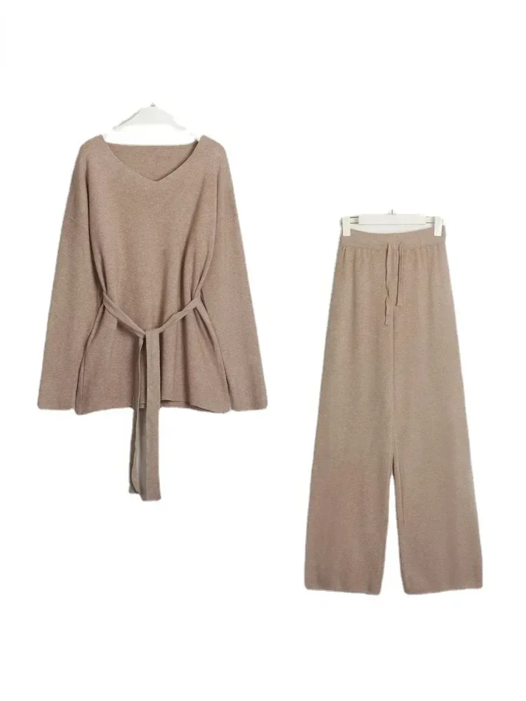 Women\'s Fashion V-neck Lace Up Long Sleeved Sweater Elastic Waist Drawstring Wide Leg Pant Solid Color Loose Casual Sweater Set