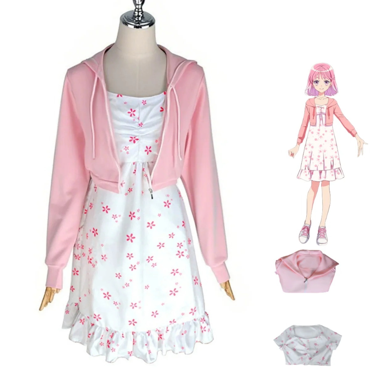 

New Anime Maebashi Witches Akagi Yuina Cosplay Costume Pink Hooded Jacket Printing Dress Woman Sexy Kawaii Daily Leisure Suit