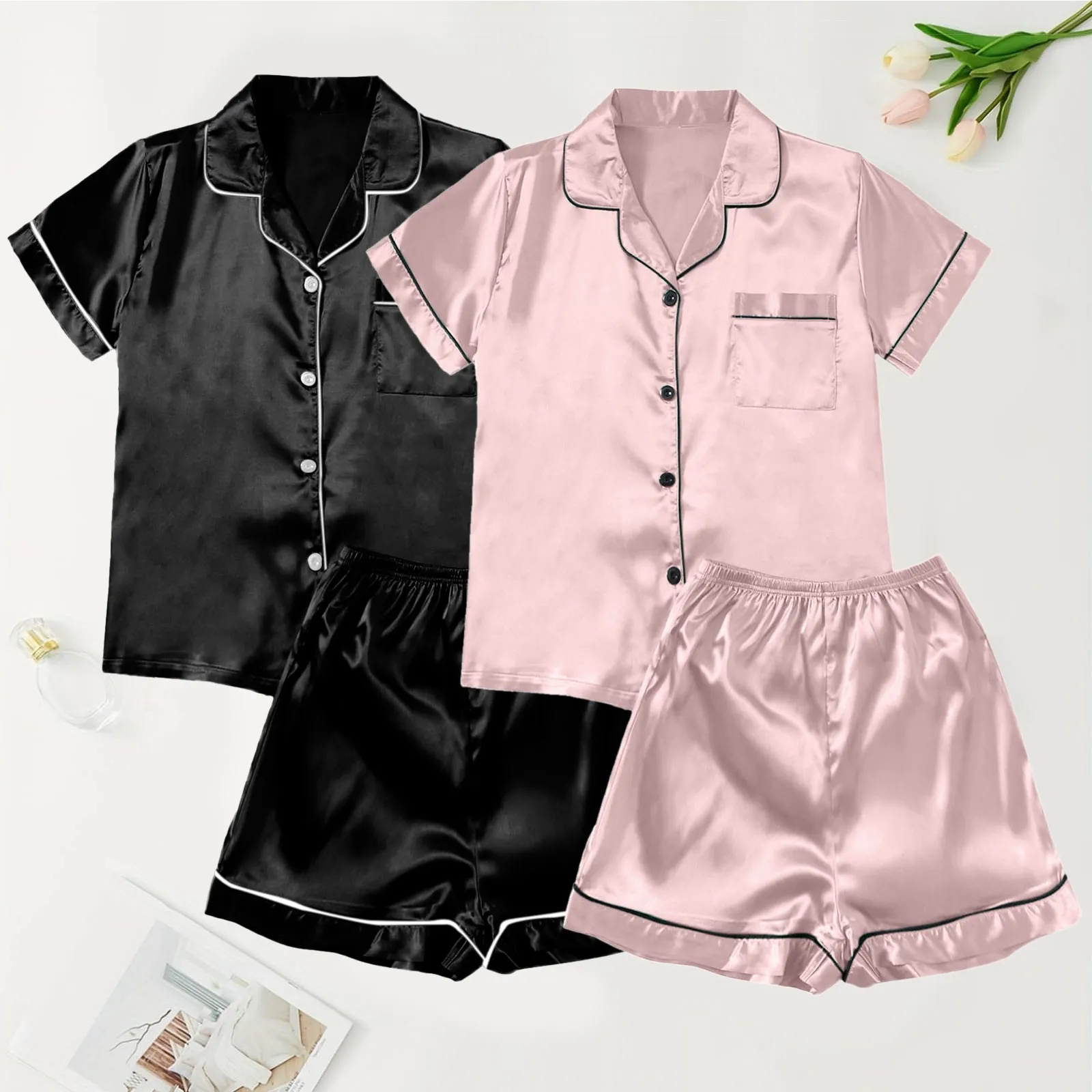 Nightwear Women 4PC Pajamas For Women Set Womens Pajamas Plus Size Silk Satin Pajamas Home Clothes Nightgown Bathrobe Household