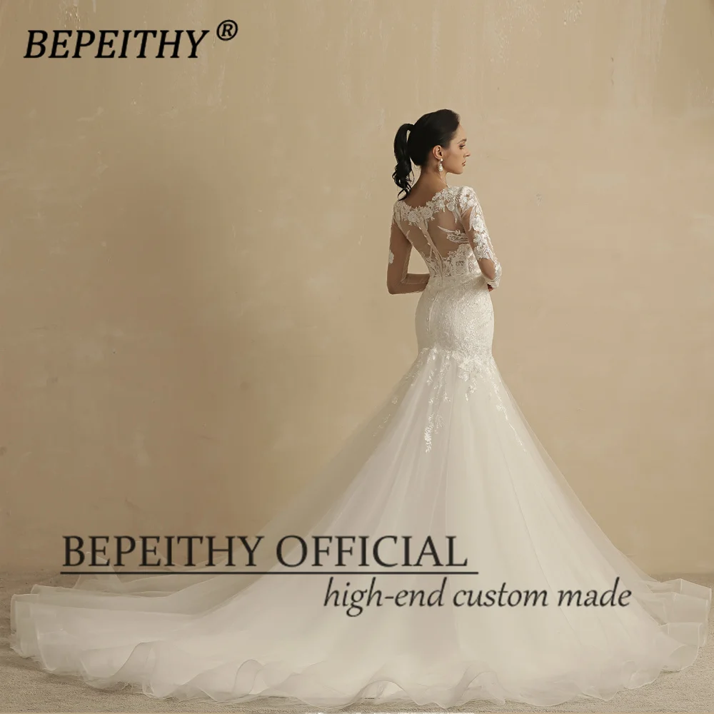 BEPEITHY Vintage Cổ V Trumpet VÁY Áo Nữ 2022 Full Tay Triều Đình Đoàn Tàu Ren Trắng Ngà Boho Cô Dâu Cô Dâu váy Bầu