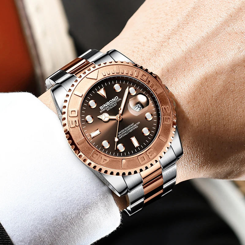 Binbond 930 moda rosa ouro relógio de quartzo masculino luz noturna calendário à prova dwaterproof água esportes masculino cinto de aço relógio de quartzo