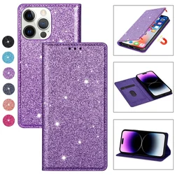 Wallet Bling Glitter Slot Magnetic Flip Suction Leather Case For iPhone 16 Pro Max 15 Plus 14 13 Mini 12 11 SE 2025 X XR XS 8 7
