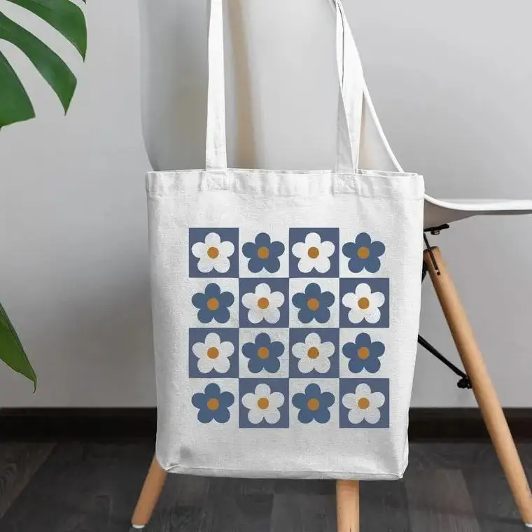 Retro Flower Canvas Tote Aesthetic Tote Bag Checkerboard Floral Bag, Reusable Shopping Bag, Daisy Checkerboard Shoulder Bags