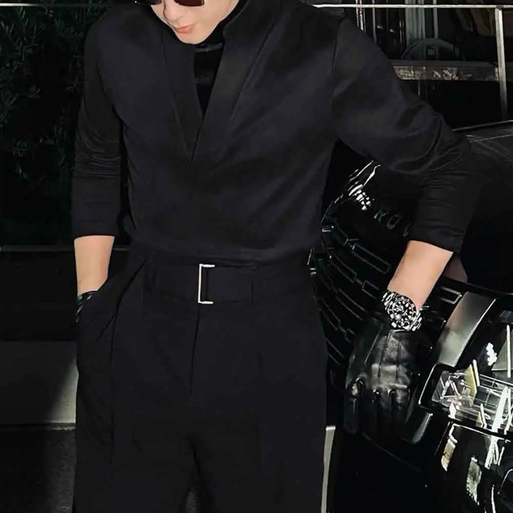 

Зимняя новая мужская футболка из искусственного двух частей из бархата с длинными рукавами, американская ретро-мода, модный свободный повседневный нишевый мужской топ на High Street