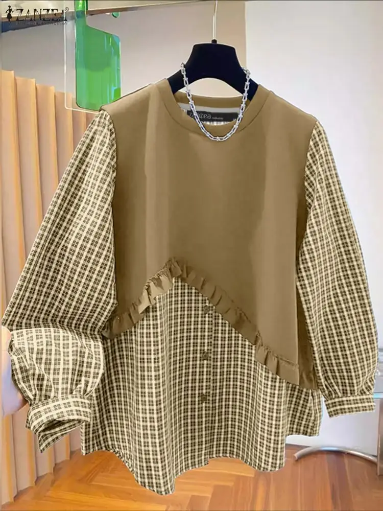 ZANZEA Moda Autunno Camicetta Donna Plaid Patchwork Top Casual O Collo Camicette a maniche lunghe Pullover allentato Elegante camicia da lavoro 2025