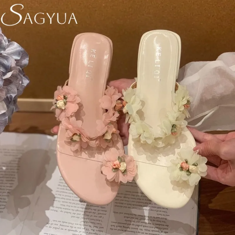 

Flower Women Slippers Clip Toe Heeled Sandals Casual Shoes Woman Loafers Summer 2025 Fashion Dress Flip Flops Elegant Slides