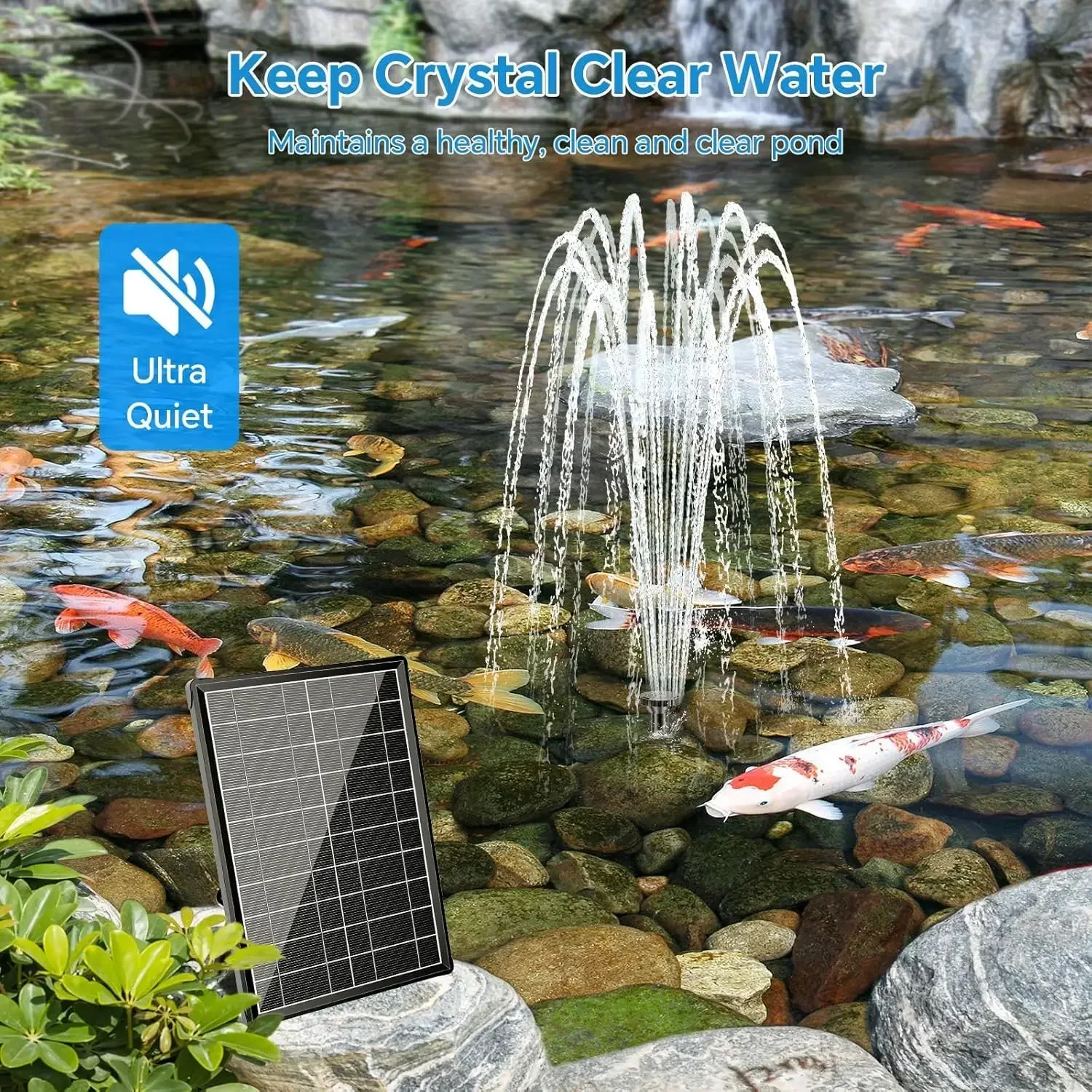 Solar Fountain Pump with Pond Filter Kit Built-in 3000mAh Battery Backup, 8W Solar Water Fountain Pump, Pond Filters for Outdoor