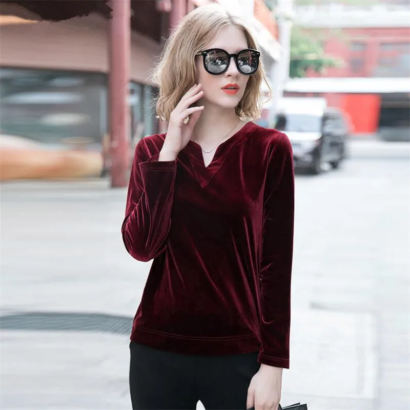 2024 Women V-neck velvet shirt casual full sleeves loose velour blouse playsuit streetwear Spring & Autunm blusas mujer de moda