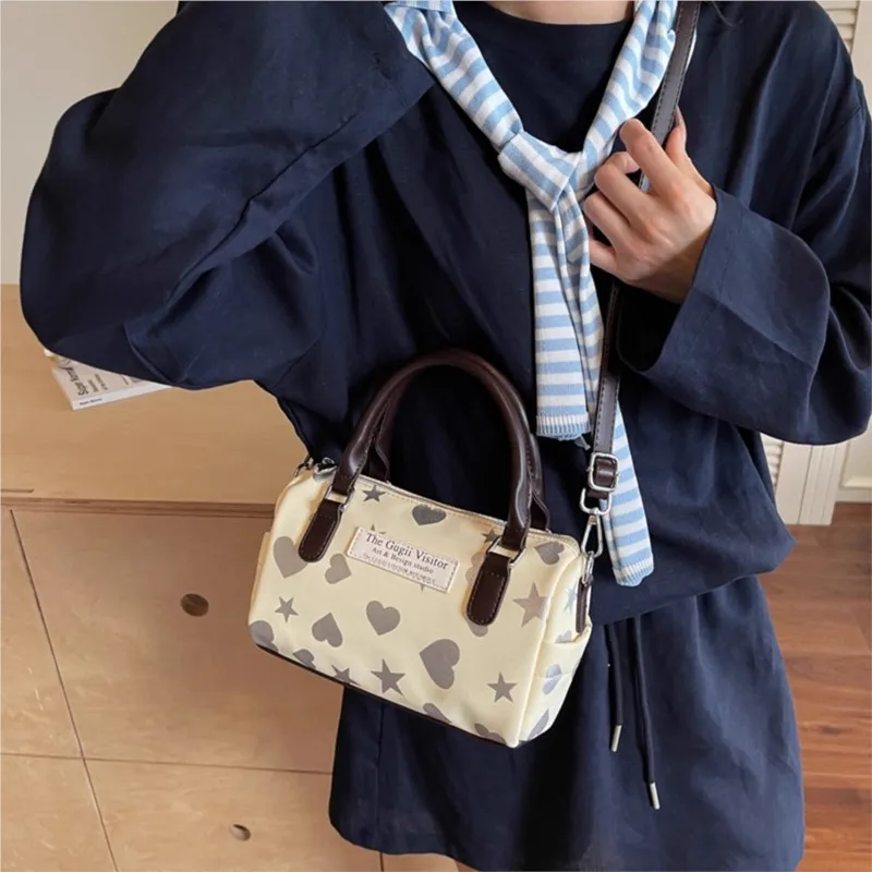 

Harajuku Style Heart Star Print Canvas Bag Women Sweet Cute Boston Bag Ladies Versatile Fashion Trendy Handbag Y2k Aesthetic New