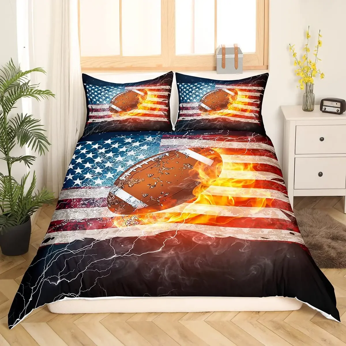 American Flag Duvet Cover, Boys Football Comforter Cover Bedding Set for Kid Teen Adult Bedroom Decor 3 Pieces with 2 Pillowcase