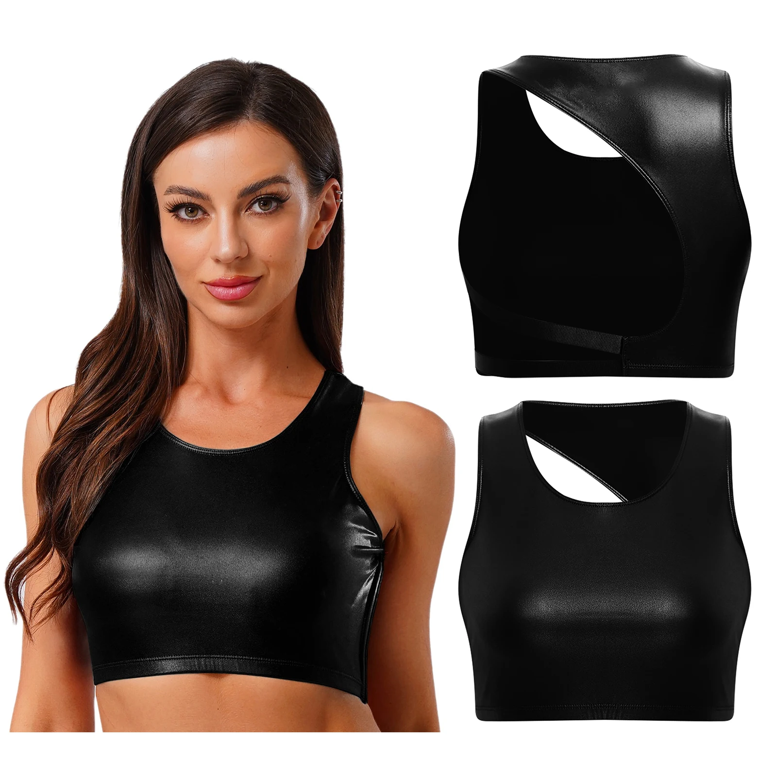 

Women Stylish Back Cutout Crop Tops Sleeveless Glossy Navel Exposed Tank Top Shirt for Club Raves Music Festival Party Outfits