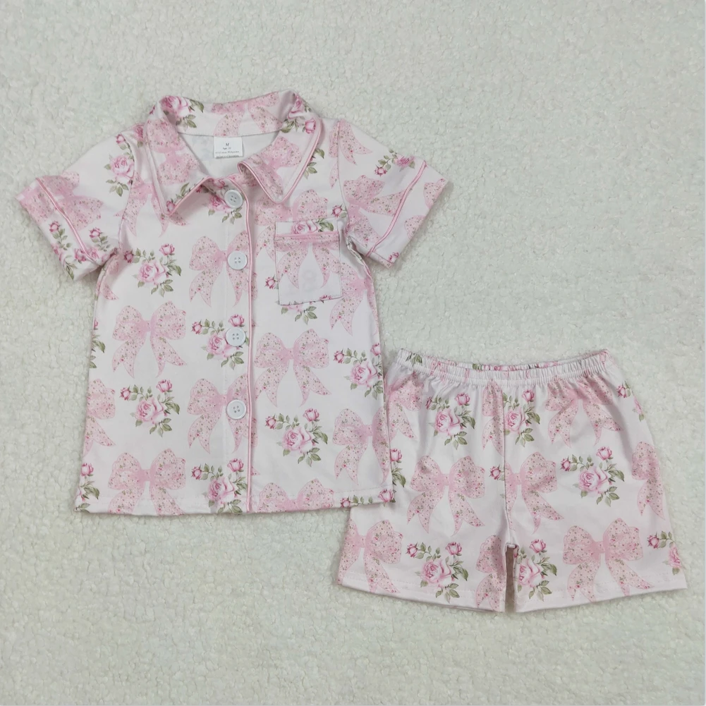 

Boutique Baby Kids Pajamas Pink Bow Button Cute Girls Pajamas Short Sleeve Shorts Boys Sleepwear Spring Boys Pajamas Kid Set