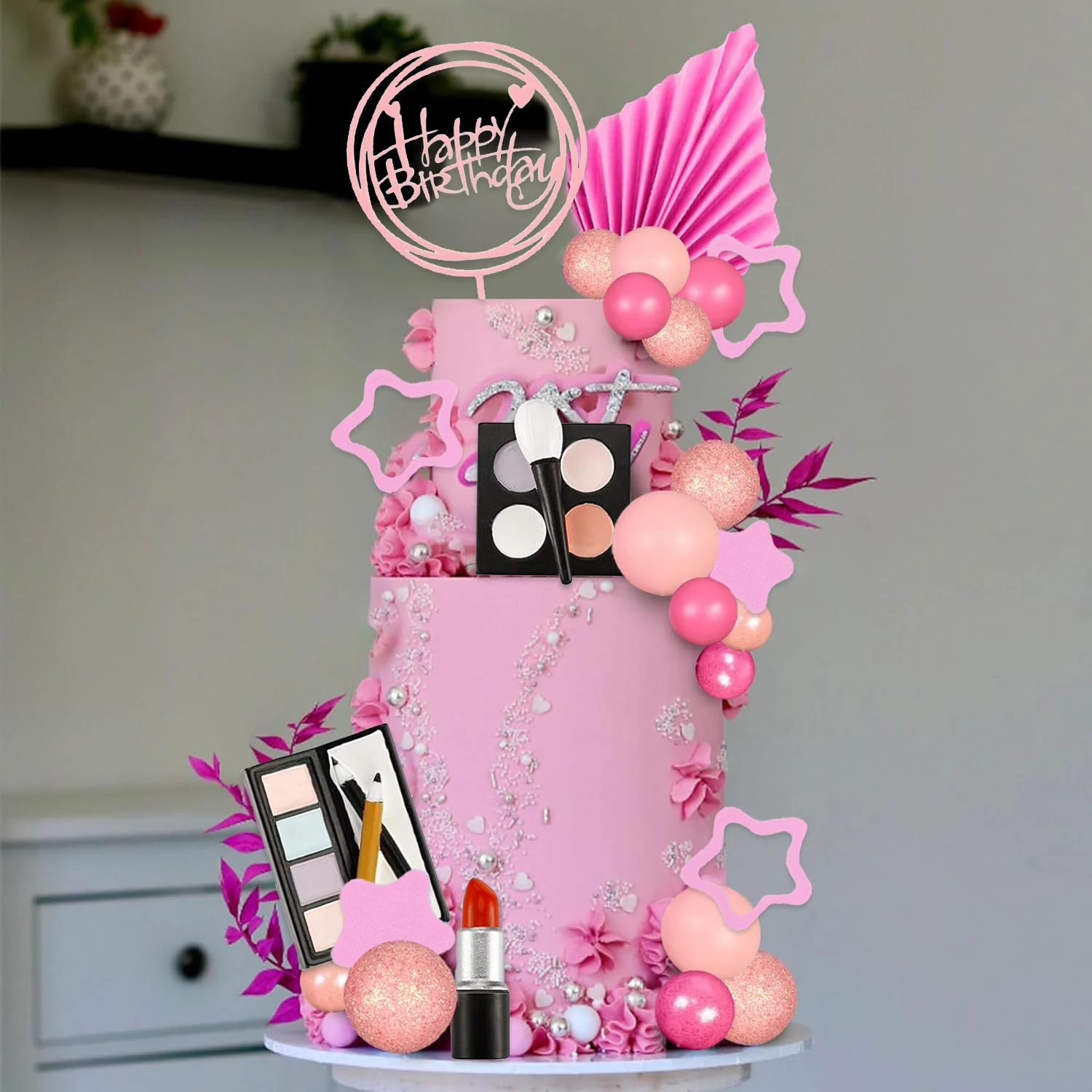 34PCS Makeup Cake Topper Happy Birthday Cake Topper with Lipstick Eye Shadow Makeup Brush for Girls Makeup Birthday Party Decor