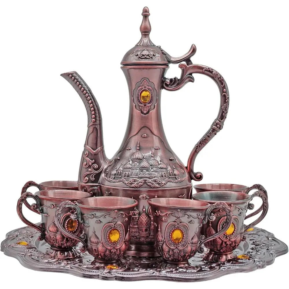 

Vintage Turkish Coee Pot Set or 6 Including Tray and Teapot,Metal Cups,Teapot and Cup Set or One,Tea Service Set or Home Tea Tab