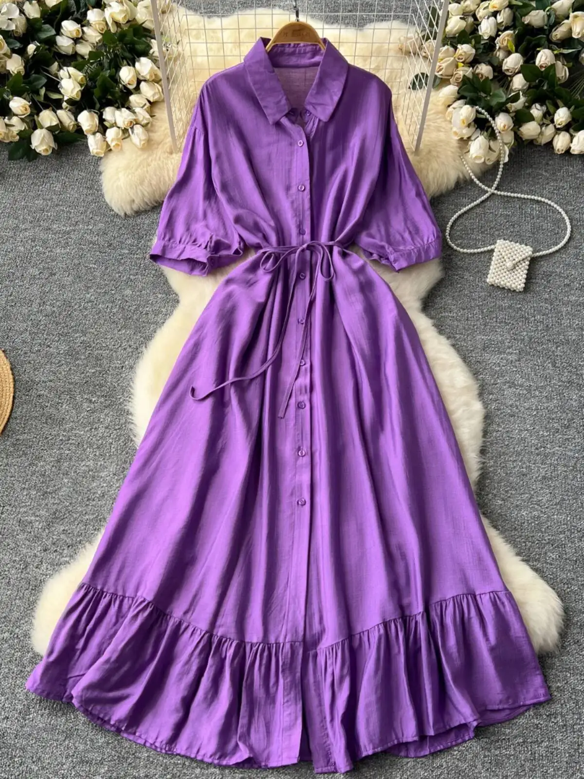 Abito camicia casual da donna con risvolto Primavera Estate Mezza manica monopetto Abiti lunghi con volant di media lunghezza Abiti lunghi con vestaglia lunga solida