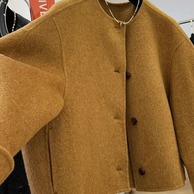 Wool Short Double-sided Woolen Coat Women Autumn and Winter Round Jackets Long Sleeves Short Blends Coats