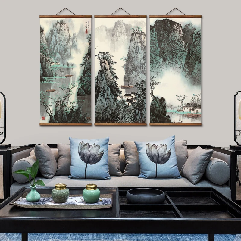 MT0396 Chinese Style li river scenery Decorative Wall Art Posters Solid Wood Scroll Paintings