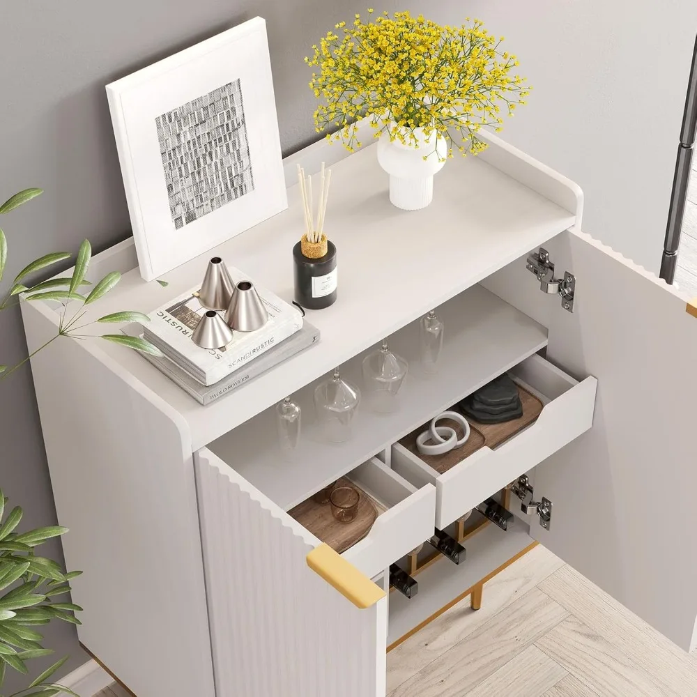 Coffee Bar Cabinet with Drawers & Shelf, Fluted 2 Door Buffet Sideboards, Freestanding Liquor Cabinet with Wine Rack & Glass Hol