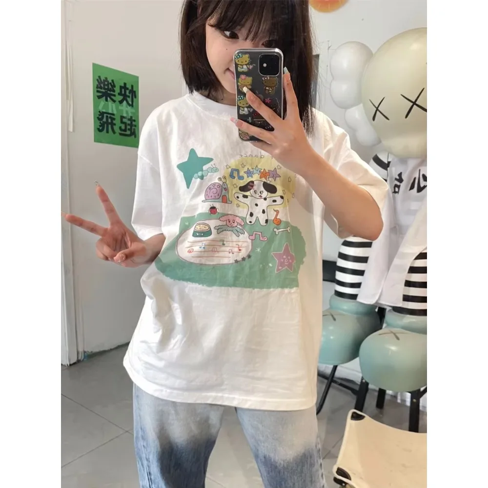 

Милая летняя футболка с короткими рукавами и принтом, свободная посадка для похудения, собака, певица, оригинальный дизайн, женский топ, простая уличная женская одежда