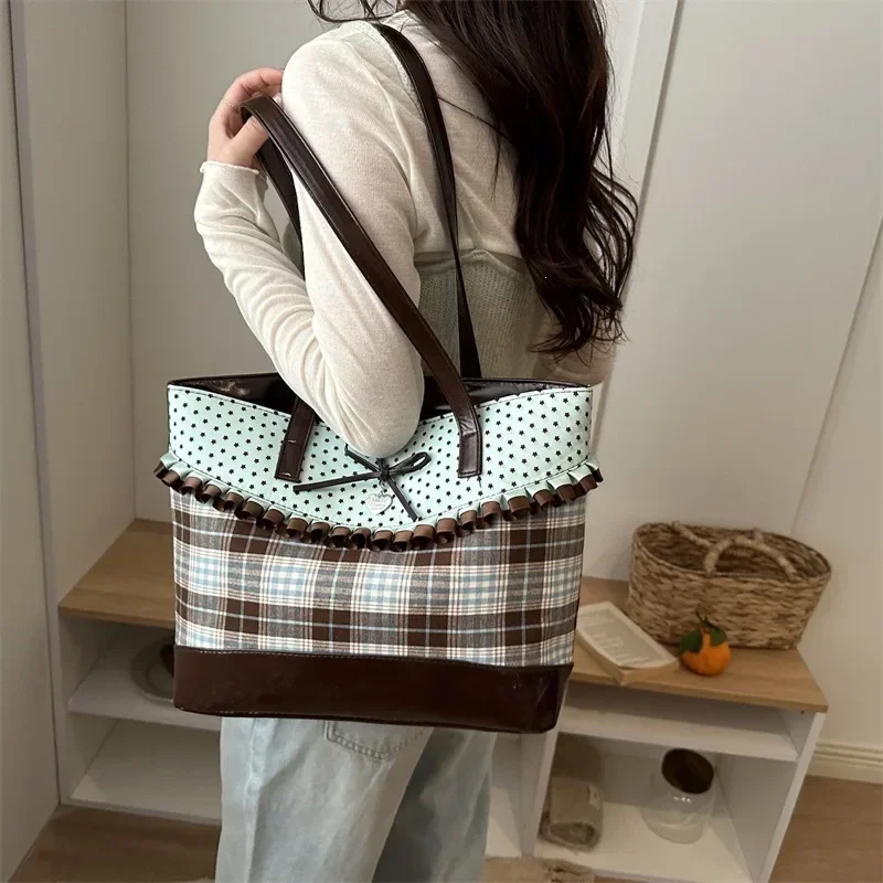 Vintage Plaid Tote Bag Women Large Capacity Shoulder Handbag Cute Ruffle Bow Shopper Bag Y2K Preppy Style Daily School Travel Pu