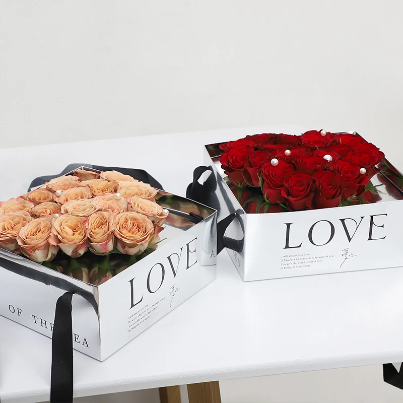 Mirror Silver Magic Folding Tote Box Pvc Clear Love Flower Box Flower Arrangement Hand Carry Bag 4pcs