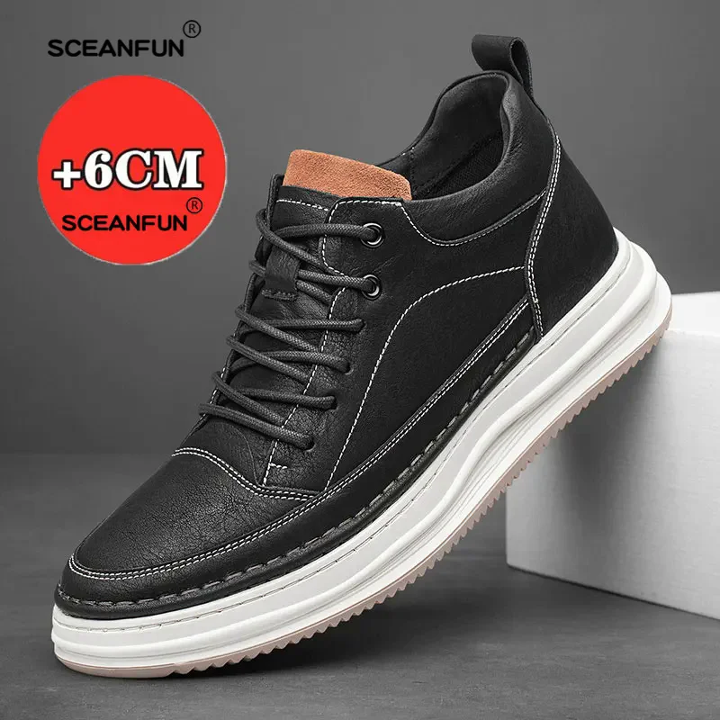 Chaussures de sport à plateforme en cuir véritable pour hommes, chaussures invisibles douces, augmentation de la hauteur, planche décontractée, mode, ino -44, 6cm