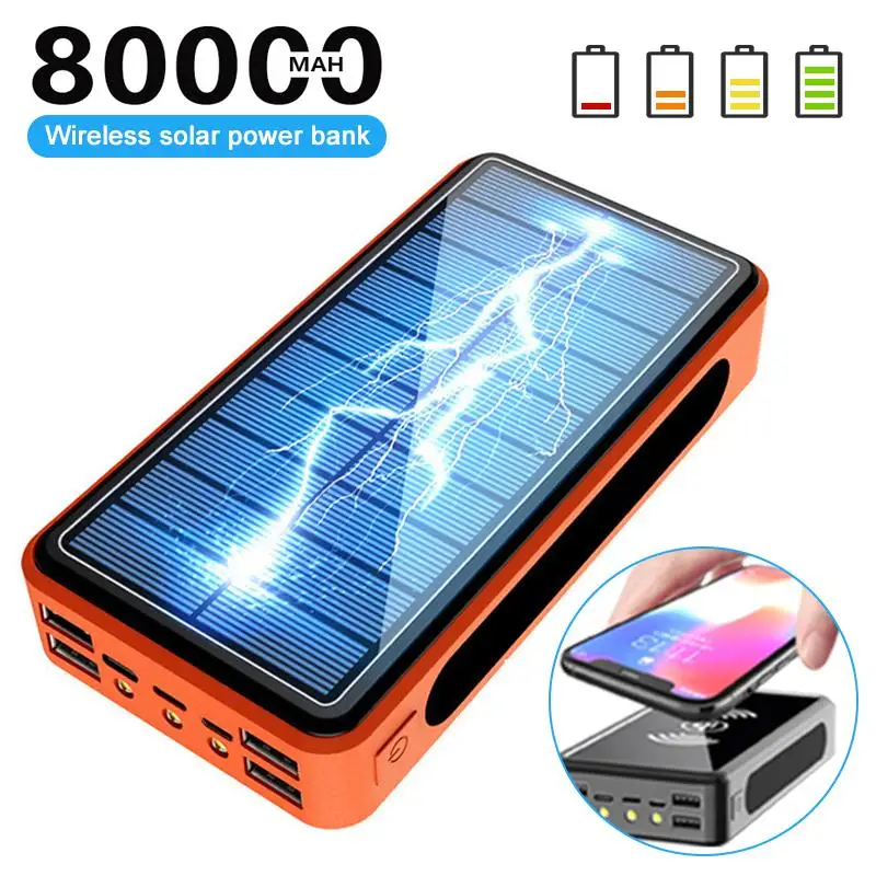 80000mAh Wireless Solar Power Bank Fast Charging Mobile Phone 4USB Charging Large Capacity External Battery for Xiaomi Huawei