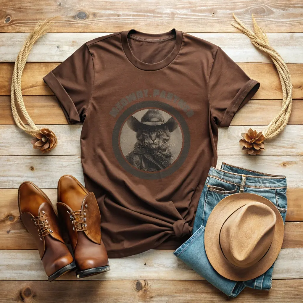 Meowdy Partner T Shirt Funny Cat Cowboy Lover Western Heavy Cotton Multiple Color Options