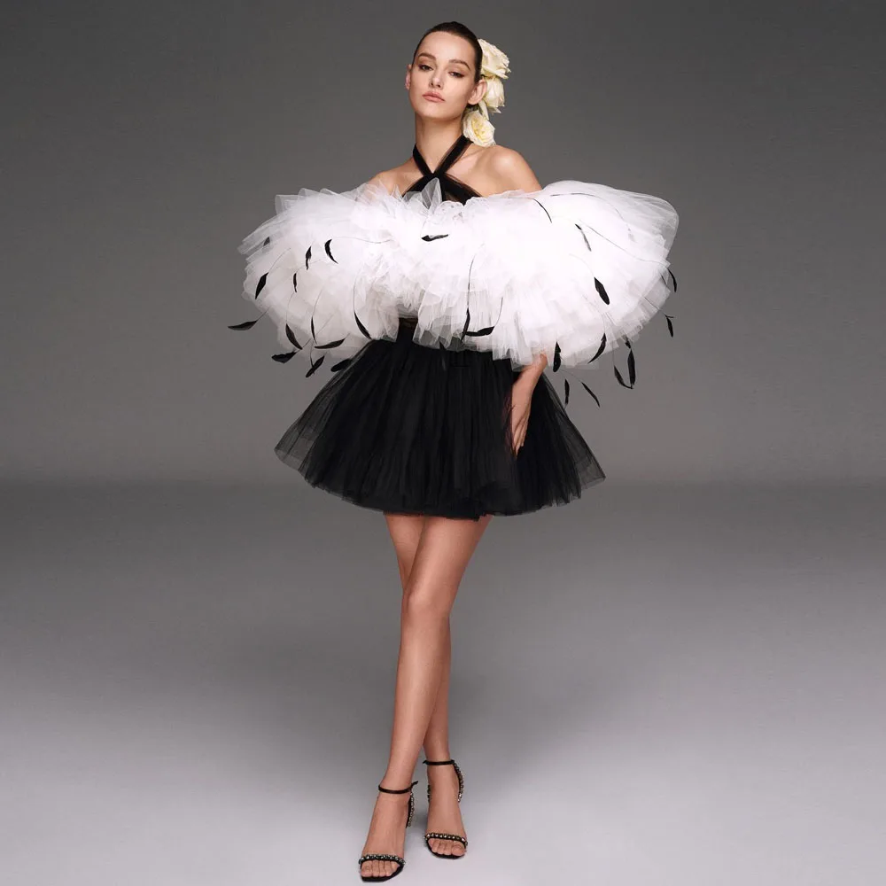 

Newest Black&White Ruffles Tulle Women Mini Maxi Dresses With Feather Halter A-line Short Tutu Tulle Female Party Dress