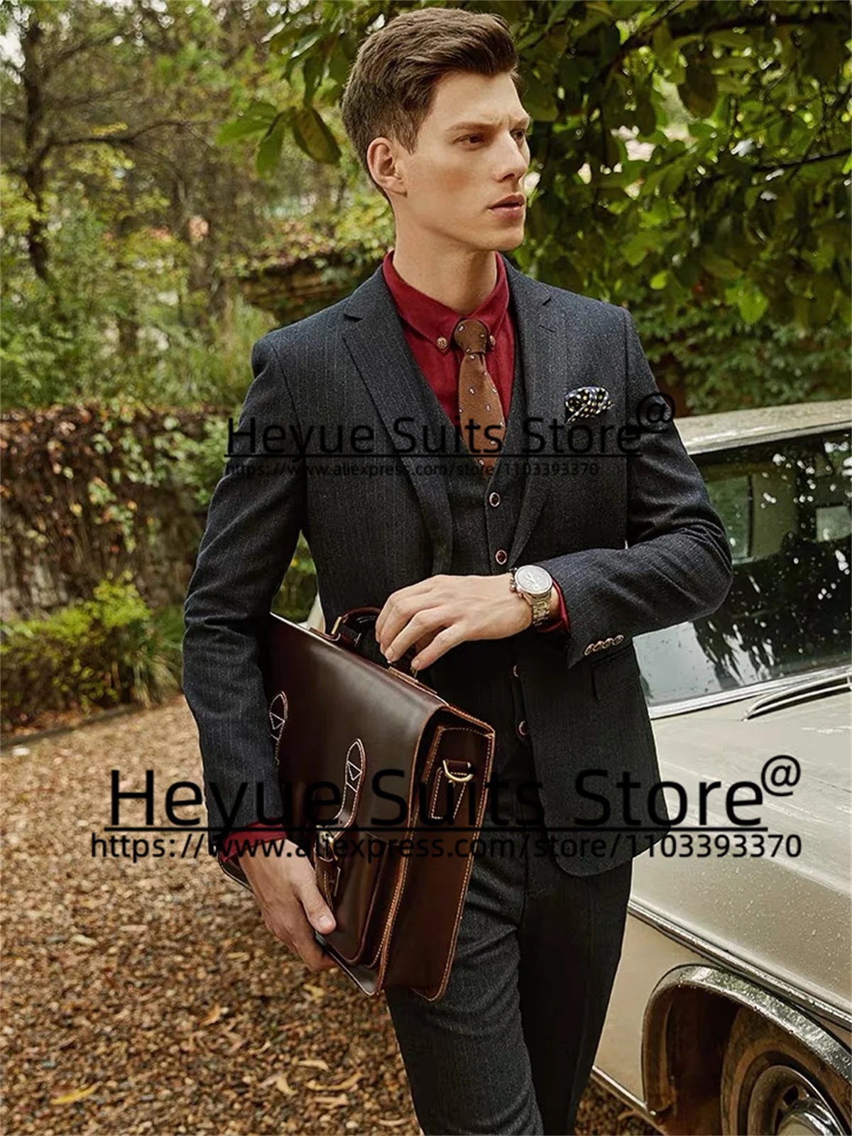 High Qublity Dark Gray Business Men Suits Slim Fit Notched Lapel Groom Tuxedos 3 Pcs Sets Office Work Male Blazer Costume Homme