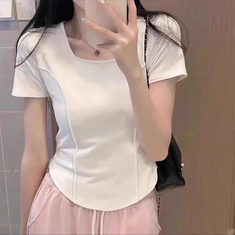 تي شيرت حريمي ضيق يناسب الجميع موضة الصيف بسيطة هاراجوكو شارع العليا الكورية نمط كل مباراة ملابس ناعمة الصلبة Mujer Moda