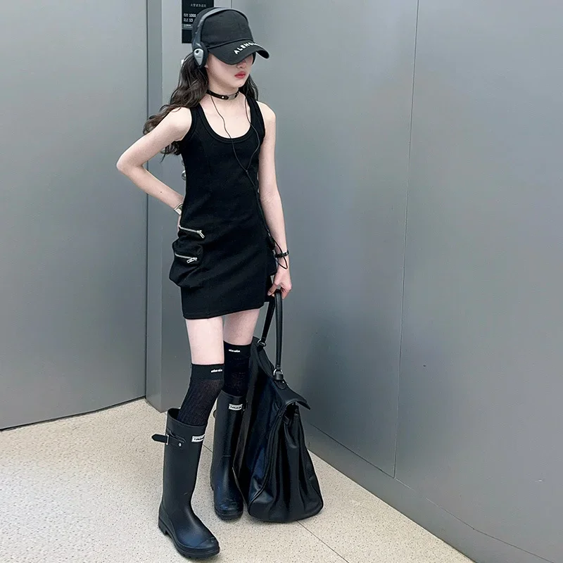 

Платье для девочек, лето 2029, новая мода, корейское издание, топ без рукавов с трехмерными карманами, утягивающая юбка