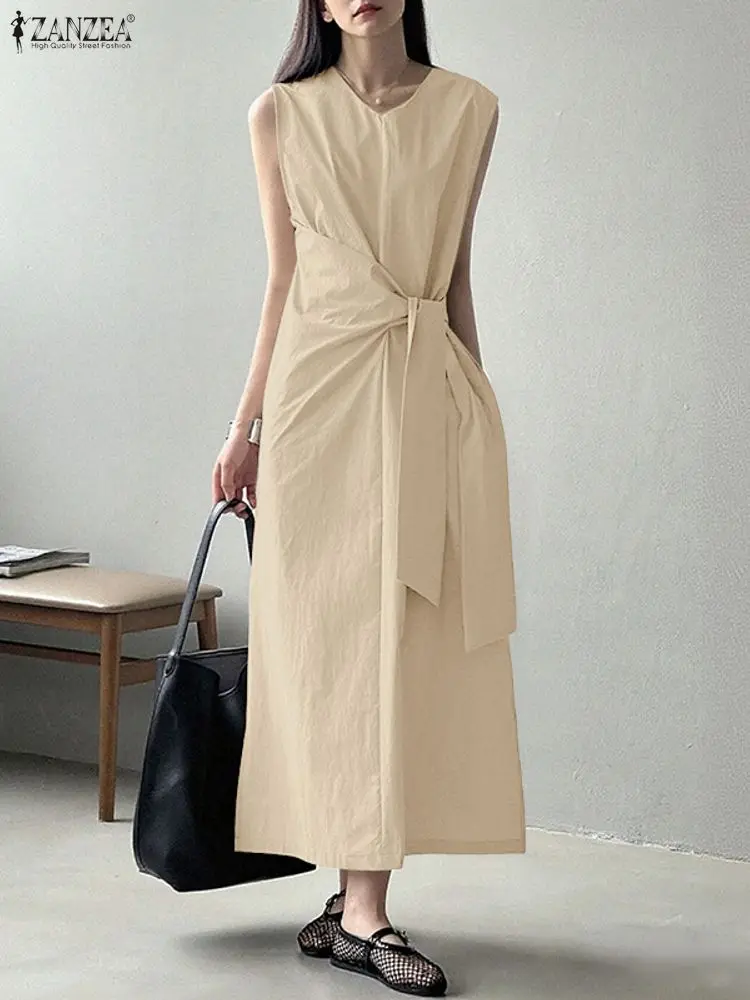ZANZEA Elegante Vestito Estivo Lungo Delle Donne Senza Maniche Pieghettato Fasciatura Maxi Abiti 2025 Moda Estate Vintage Solido Casual Party Robe