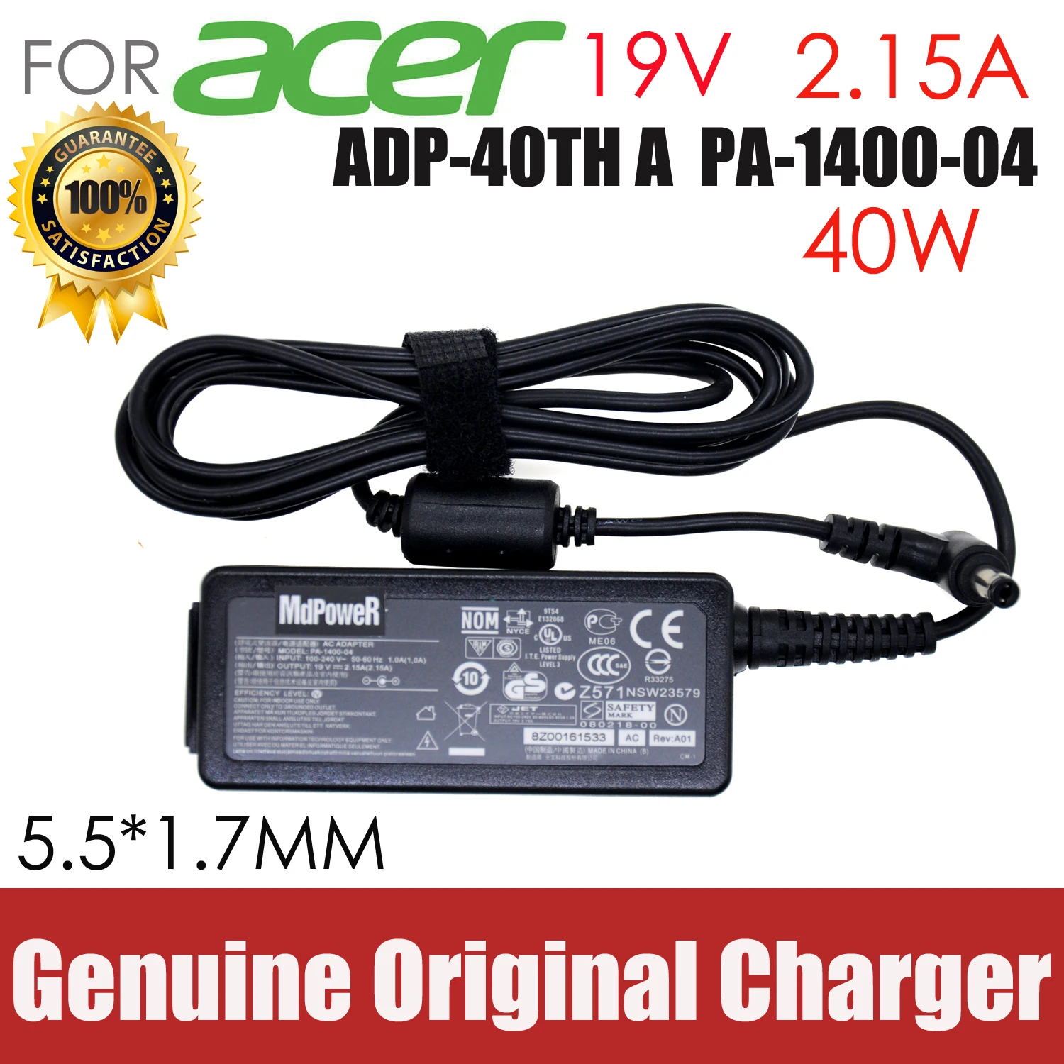 

Original For ACER 19V 2.15A ADP-40TH A 40W laptop supply power AC adapter charger Aspire One D255 533 D257 D260 W500P W501 W501