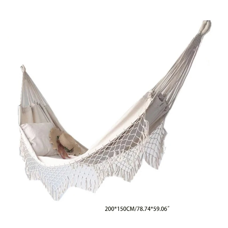 Bohemian Macrame Double Hammock Woven Fringe Tassels Canvas Large Hanging Swing Bed Chair for Beach Yard Bedroom Patio Porch