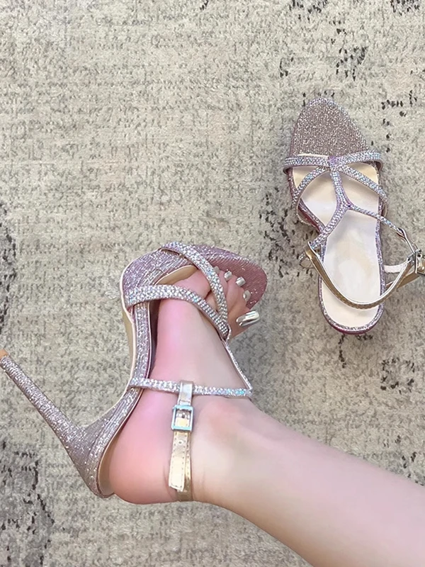 

Блестящие босоножки на высоком каблуке с кристаллами и пайетками, с открытым носком, синие, на ремешках, модные женские туфли для летнего сезона