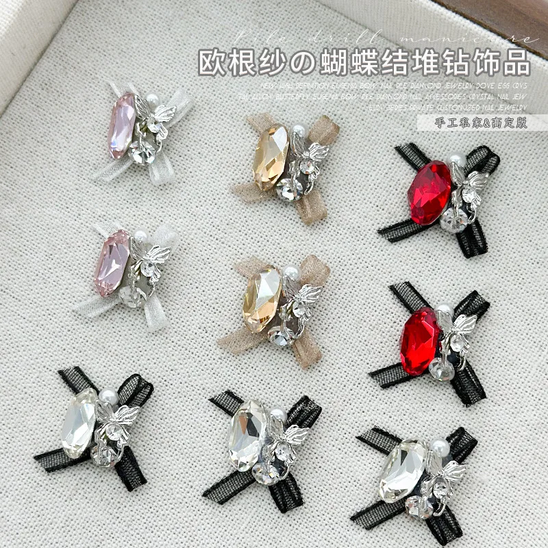 5PCS 3D Organza Bow Tie Nail Art Rhinestone Charms Pearl Ellipsoid Gem Stone Accessories For Manicure Nails Decoration Supplies