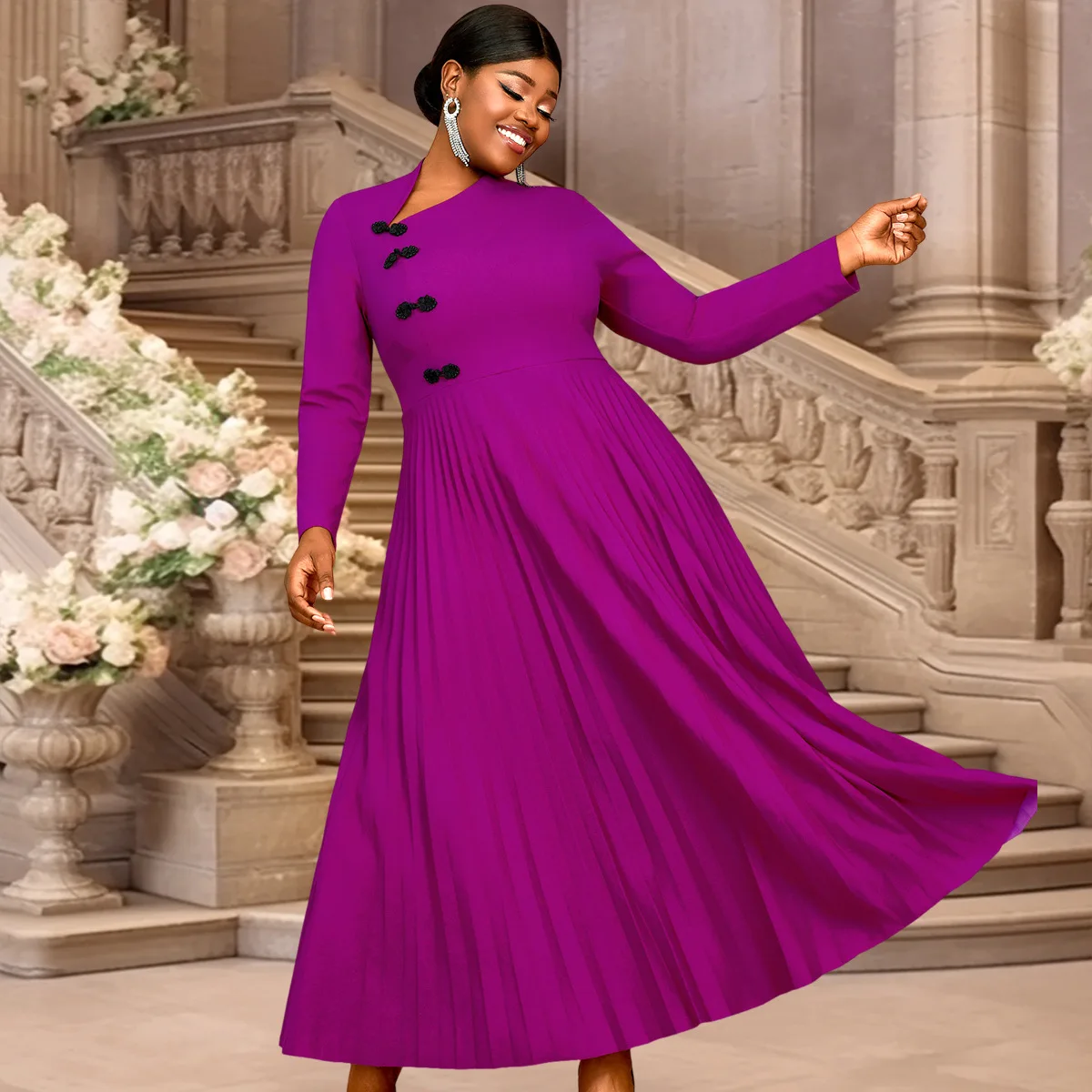 

African Dresses for Woman Button Detail Pleated Maxi Dress for Women Long Sleeves for Church Office or Formal Daytime Events