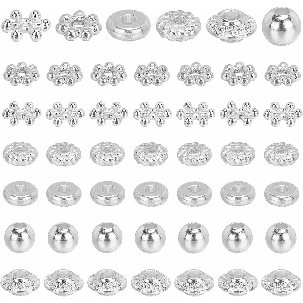 

300 шт., 6 стилей, бусины-разделители, тибетские серебряные металлические бусины, плоские круглые снежинки, рондель, двухконусные прокладки, маленькие свободные бусины