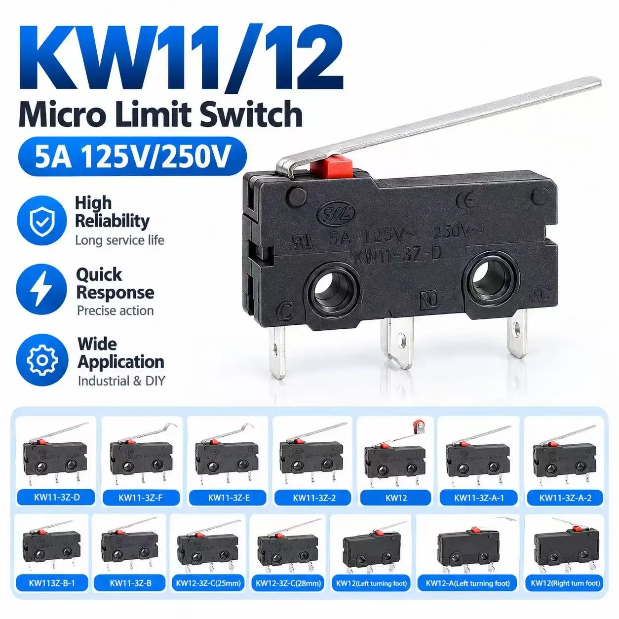 10/30PCS KW11‑3Z KW12 Micro Limit Switch 2/3Pin NO NC COM 5A 250VAC Snap Action Microswitch With Different Lever Arms